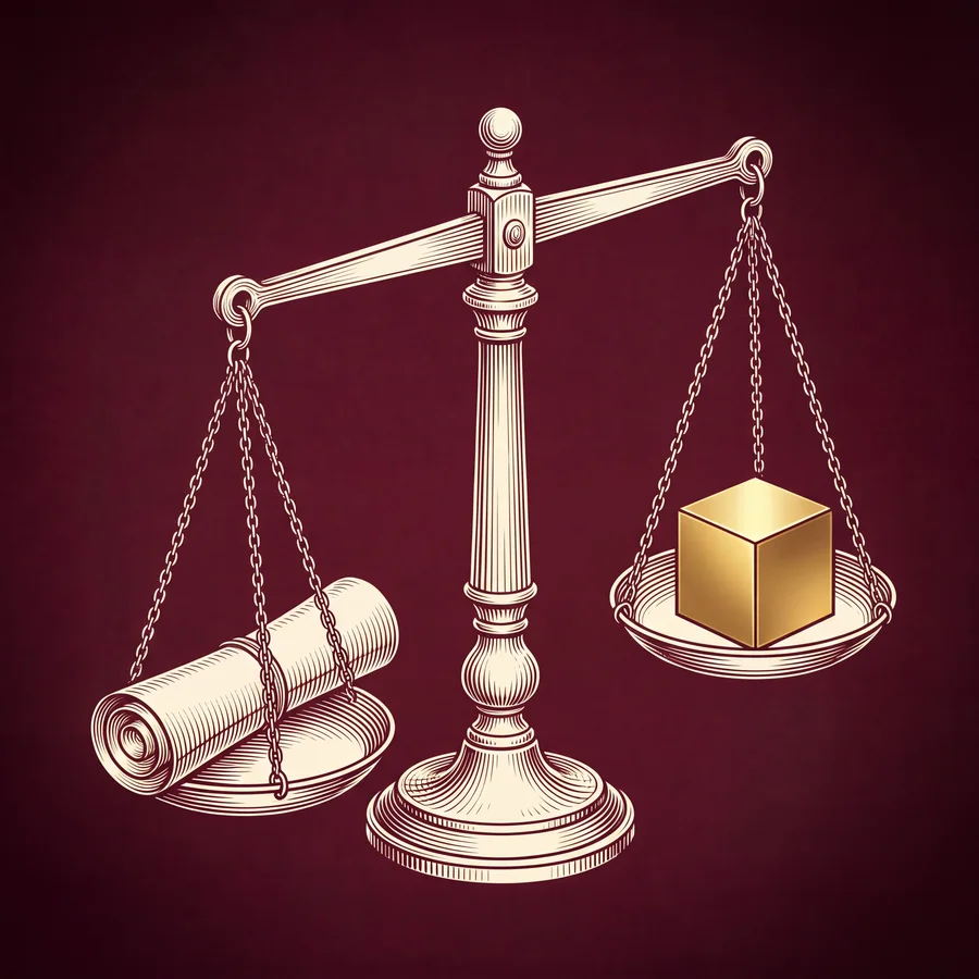 An engraving of a balance: a rolled scroll rests on the left pan and a gold cube on the right.