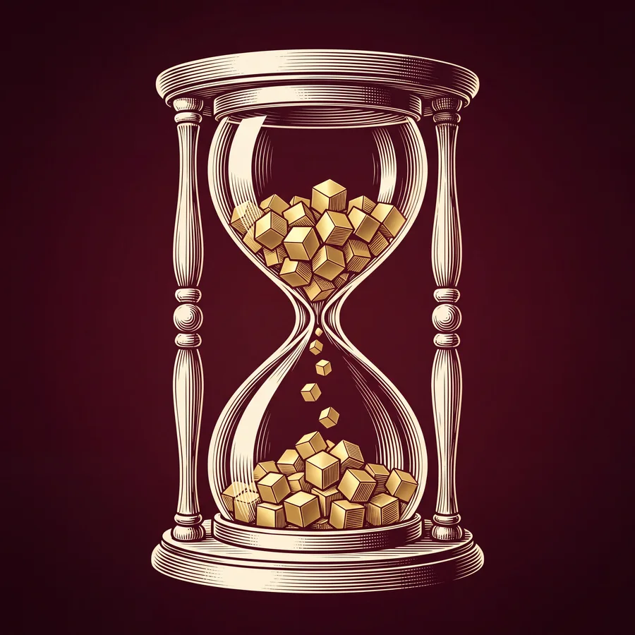 An engraving of an hourglass in which small gold cubes fall from the upper glass into the lower.