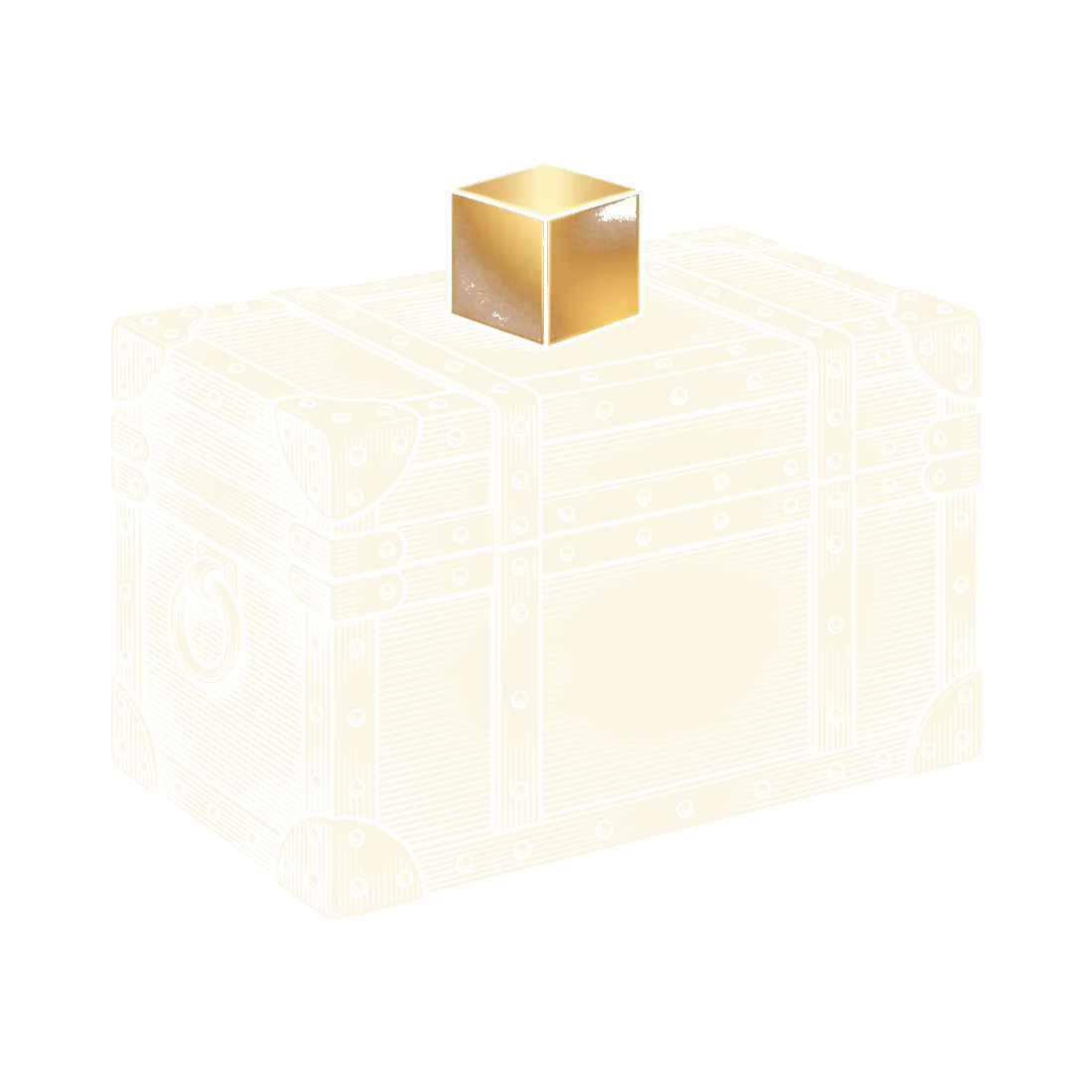 An engraving of an iron-bound strongbox with a ring handle and no keyhole, a gold cube resting on its lid.